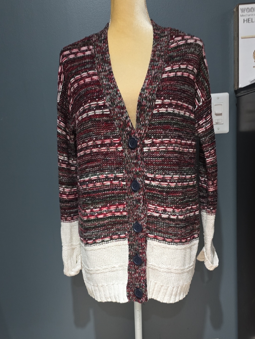 Cotton On Burgundy, Green & Cream Striped Button-Up Cardigan Sz M